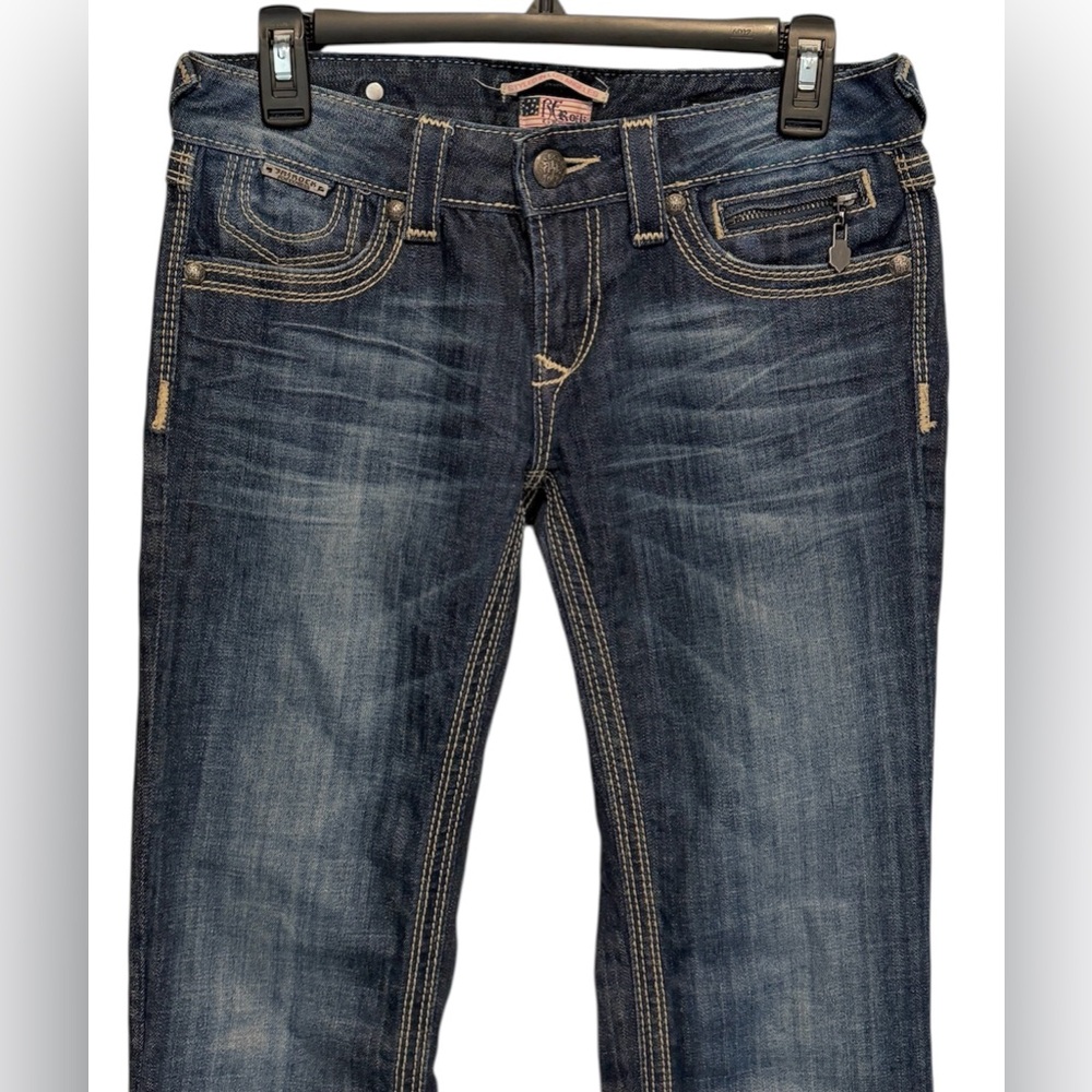 ReRock Express Y2K Jeans Womens 2R Long Inseam Barely Boot Dark Blue Wash EUC - Picture 3 of 11